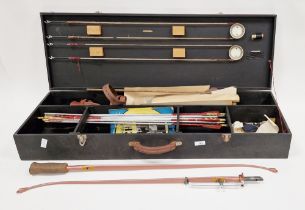 Cased archery set including an Apollo Swift bow and Bowman's Guide 1958, a leather quiver for arrows