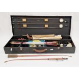 Cased archery set including an Apollo Swift bow and Bowman's Guide 1958, a leather quiver for arrows