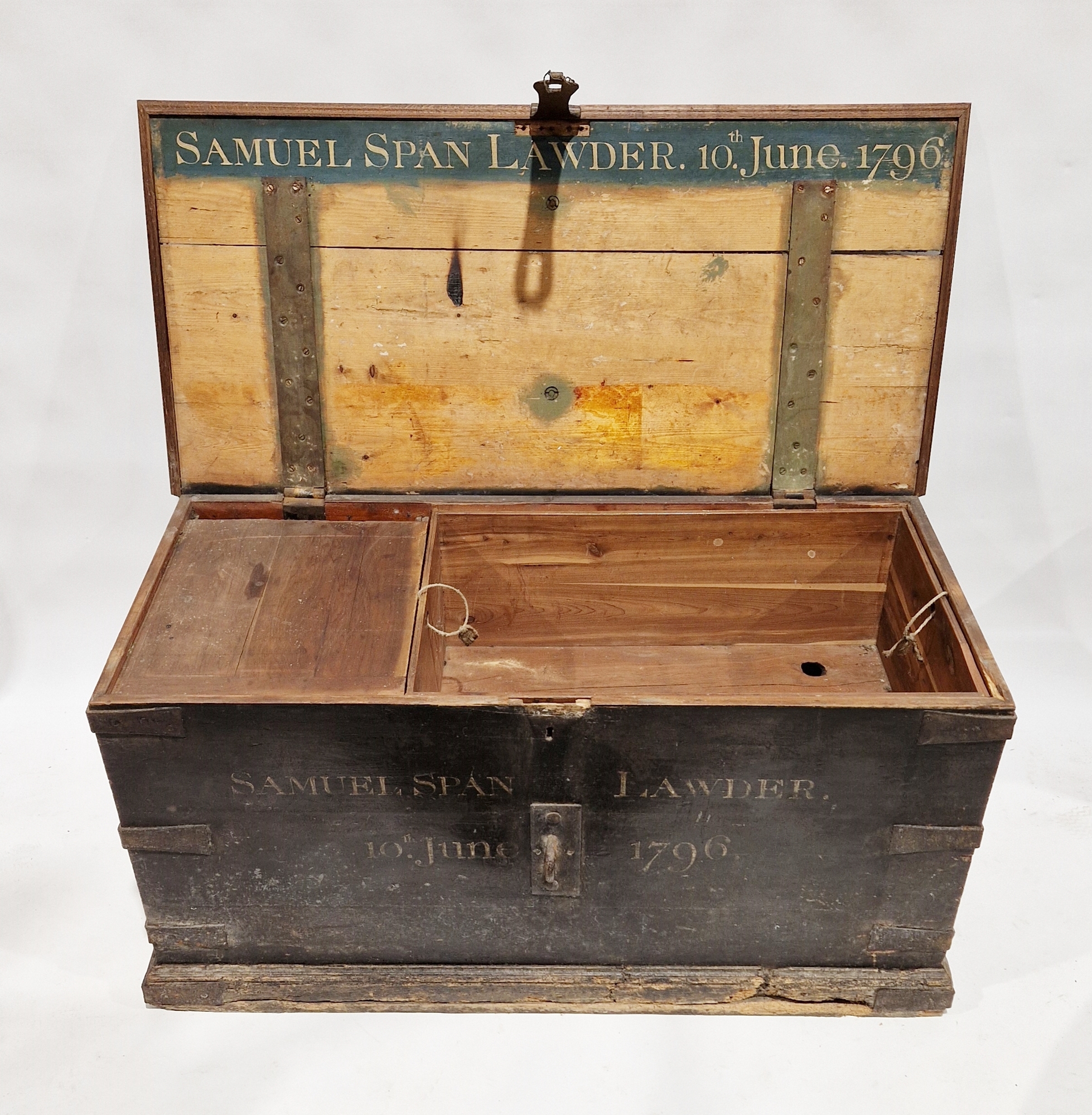 Late 18th century chest with hinged top, painted front, inscribed ‘Samuel Span Lawder, 10th June - Image 2 of 2