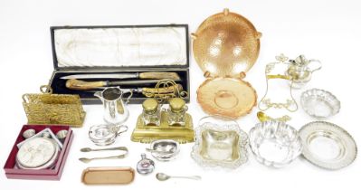 Victorian cased bone handled carving set; together with a pair of EP mustard and salt; brass