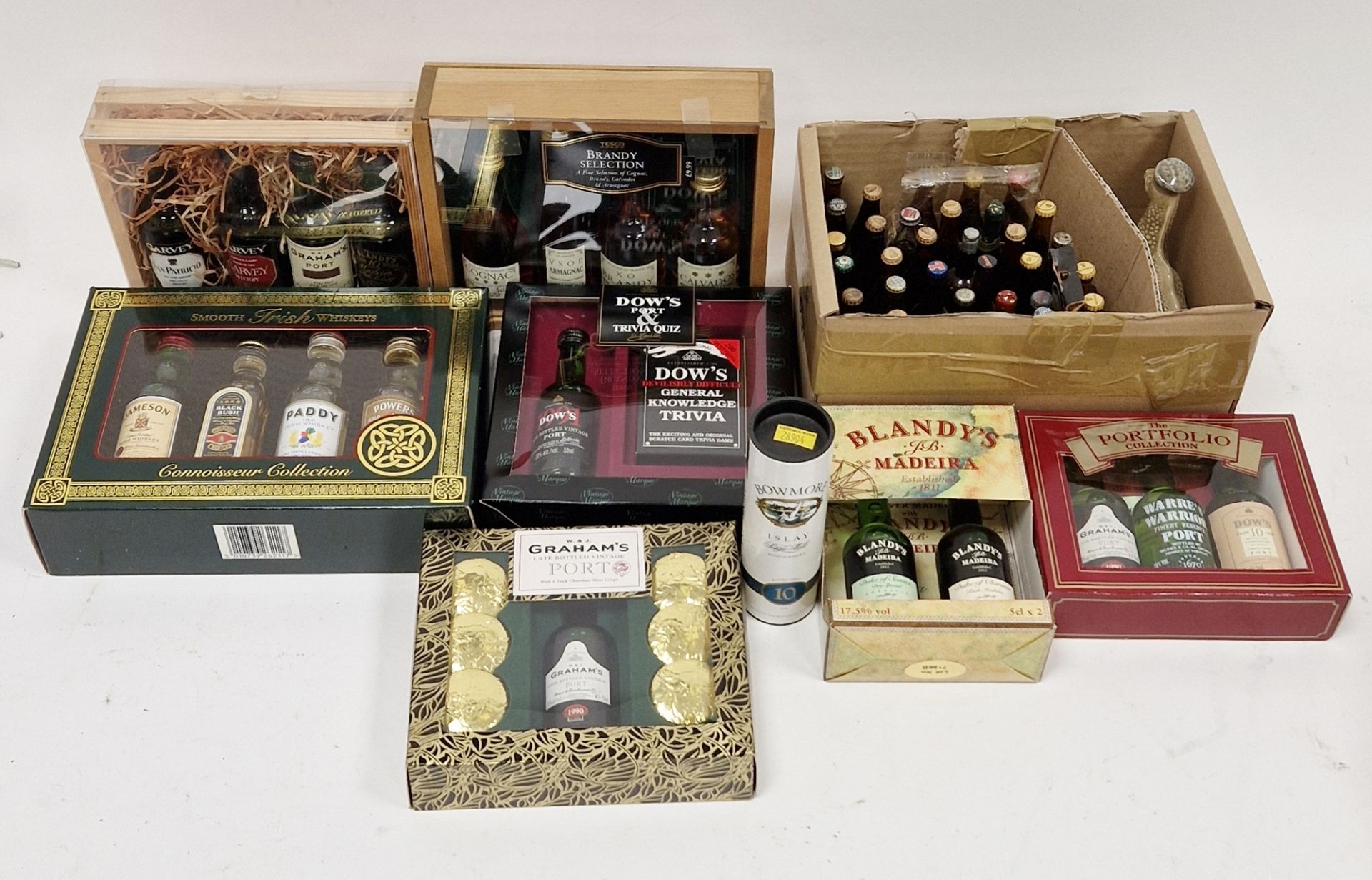 Seven miniature gift box sets to include four brandy bottle set, Irish whiskeys, ports, etc and a