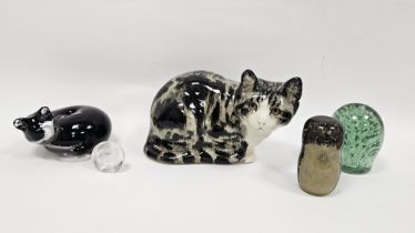 Langham glass cased model of sleeping cat with label to underside, a Wedgwood cased glass model of