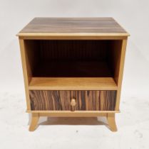 Mid century teak and rosewood veneer bedside unit by Heals Bespoke, comprising storage cupboard over