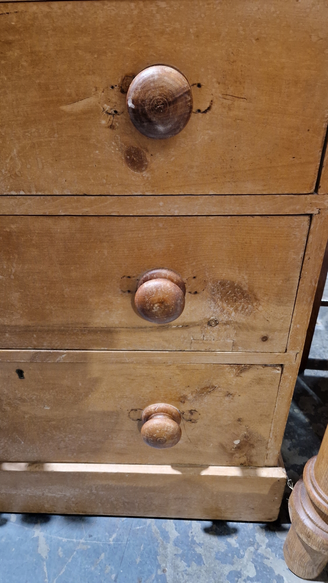 Victorian pine chest of three long drawers, each with turned wooden handles, 78cm high x 74cm wide x - Image 10 of 16