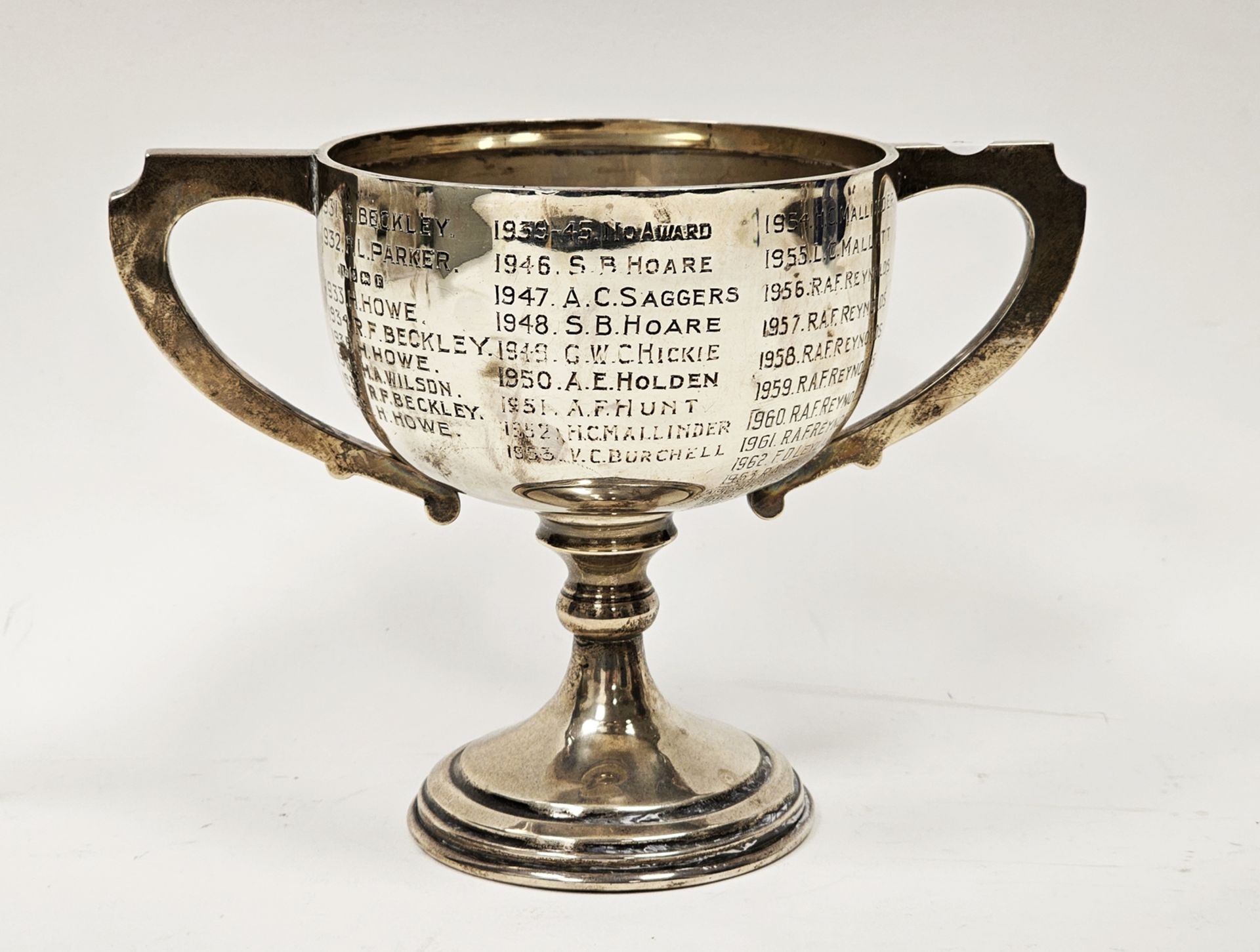 George V silver two-handled trophy, hallmarked Birmingham, 1930, indistinct makers marks, engraved - Image 2 of 3