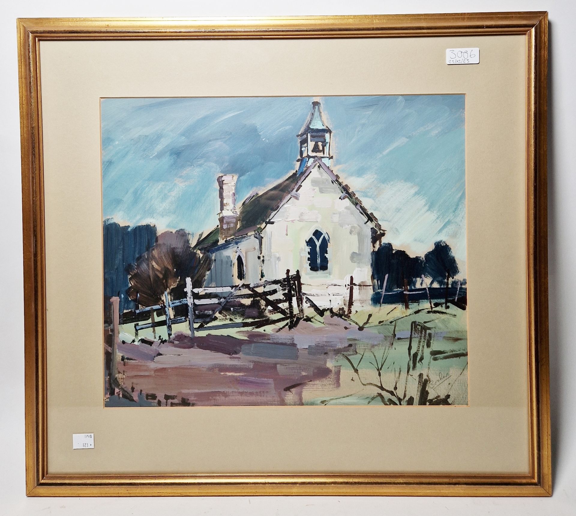 Donald Bosher (1912-1977) Oil on board Study of a church, indistinctly signed lower right, framed - Image 3 of 3