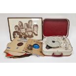Portable record player marked 'Fidelity', with inner red and cream carry case, a framed print of The