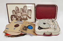 Portable record player marked 'Fidelity', with inner red and cream carry case, a framed print of The