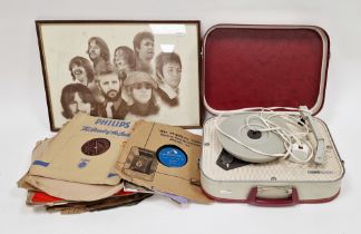 Portable record player marked 'Fidelity', with inner red and cream carry case, a framed print of The