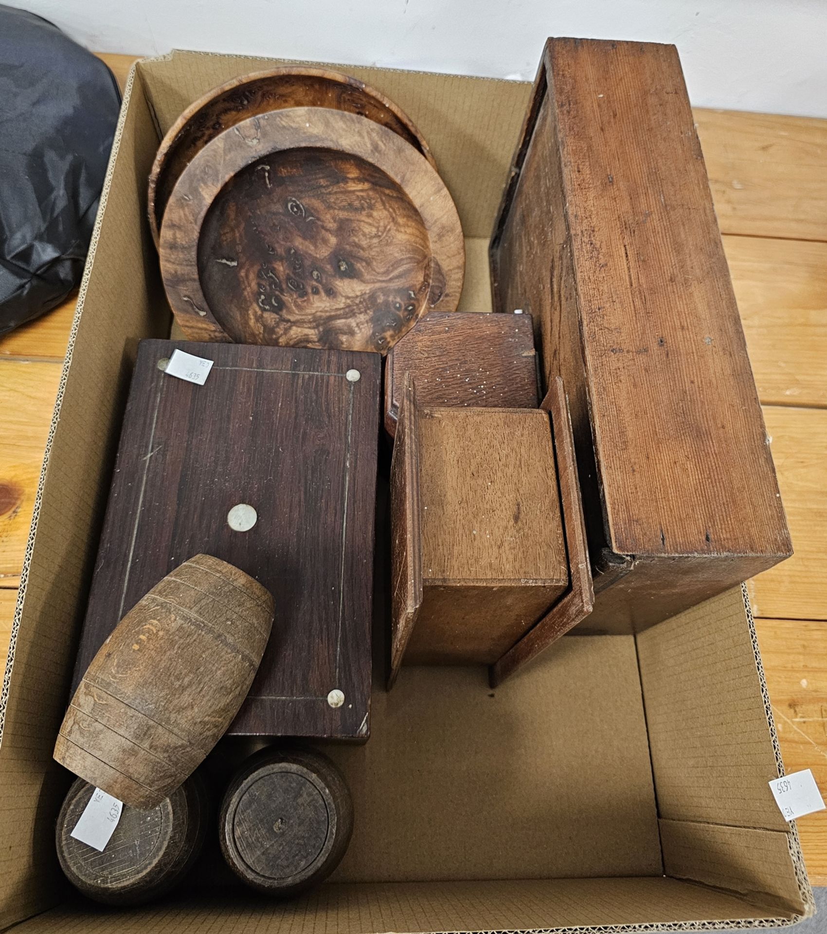 Collection of boxes and other treen items including wooden barrel, a snooker score board and a - Image 2 of 2