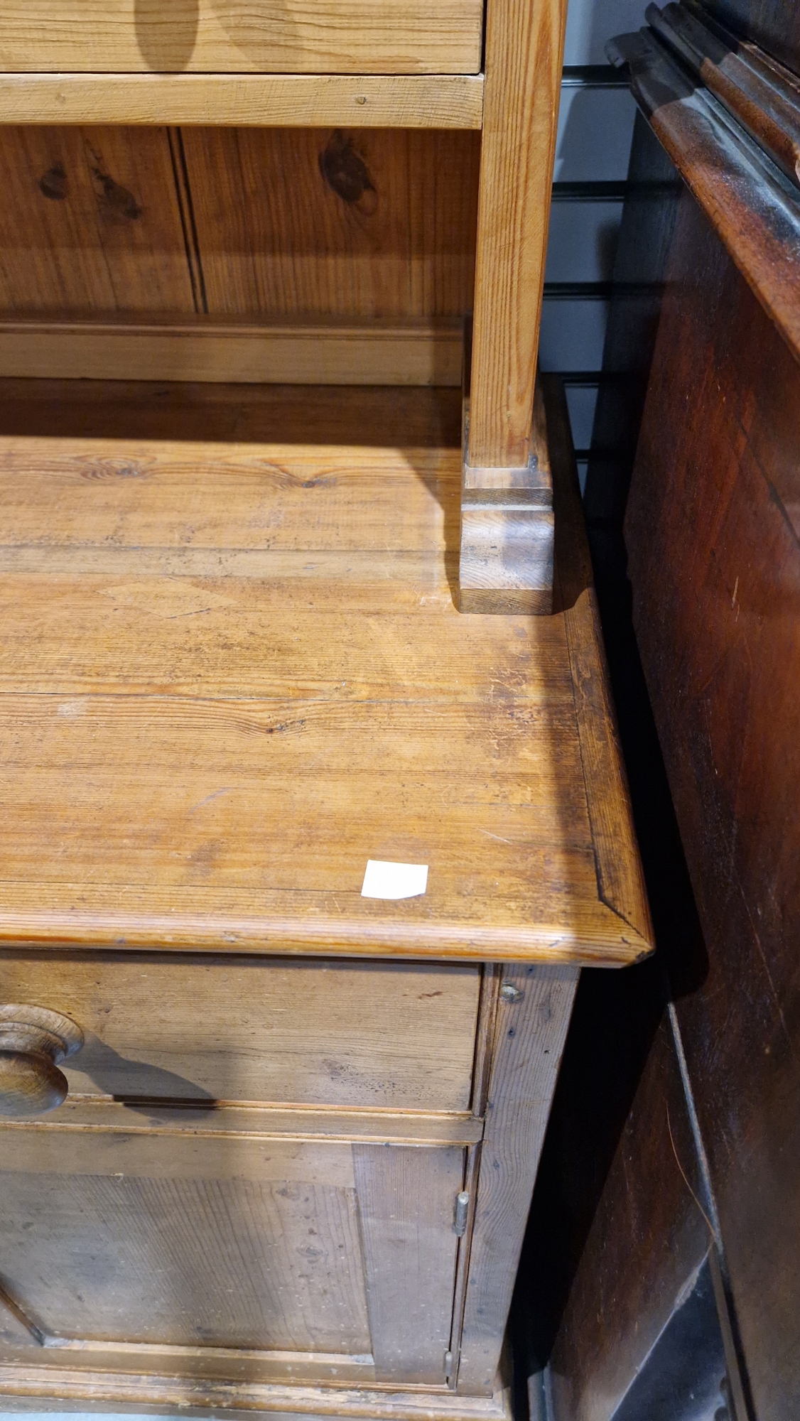 19th century pine kitchen dresser, the top section with two plateracks and five short drawers, the - Image 9 of 17