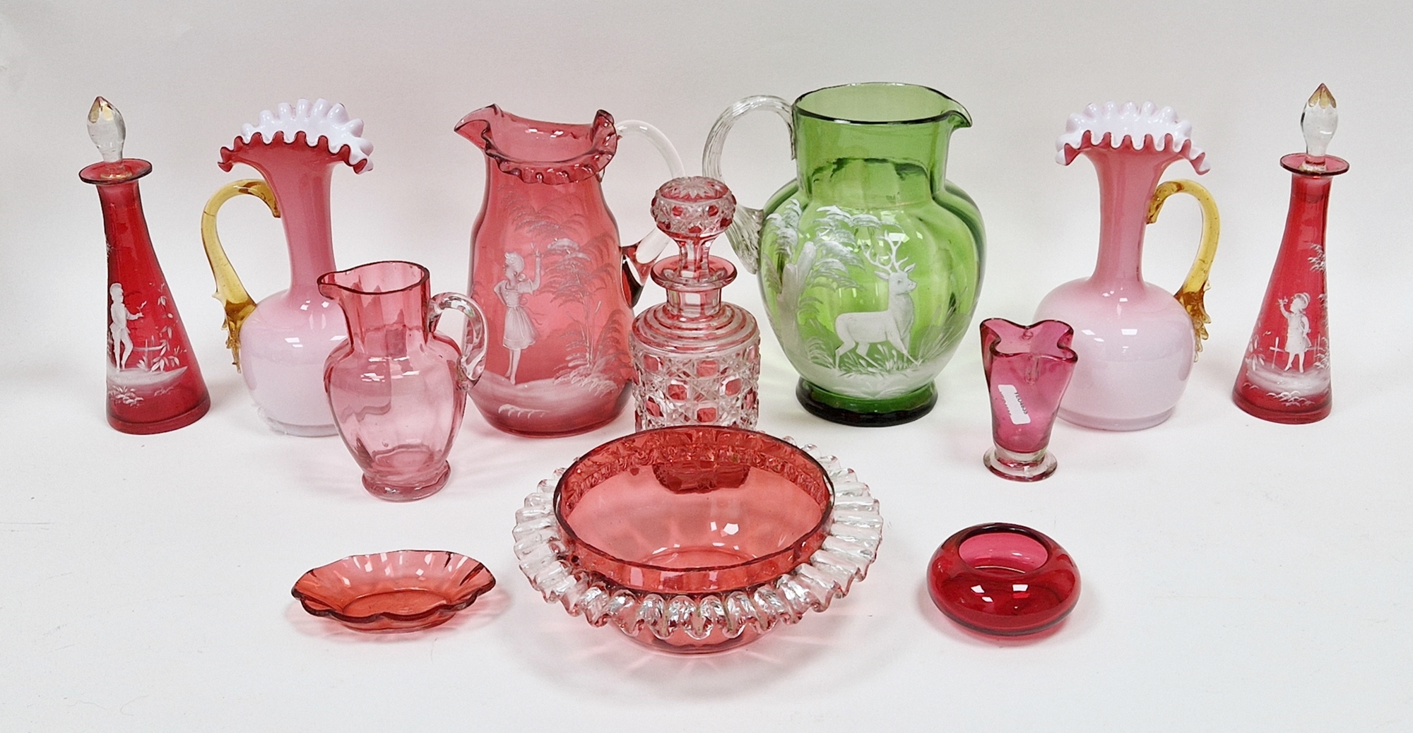 Collection of 19th century and later cranberry and coloured glass to include a Mary Gregory