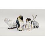 Four Royal Crown Derby bone china animal paperweights, comprising snowy owl, rockhopper penguin,