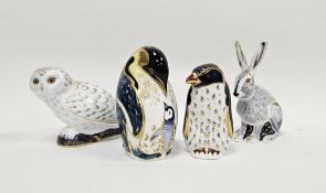 Four Royal Crown Derby bone china animal paperweights, comprising snowy owl, rockhopper penguin,