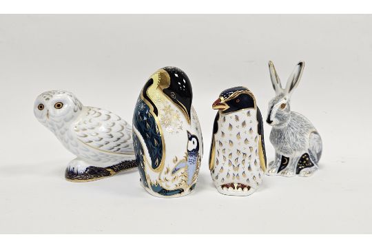 Four Royal Crown Derby bone china animal paperweights, comprising snowy owl, rockhopper penguin, - Image 1 of 4