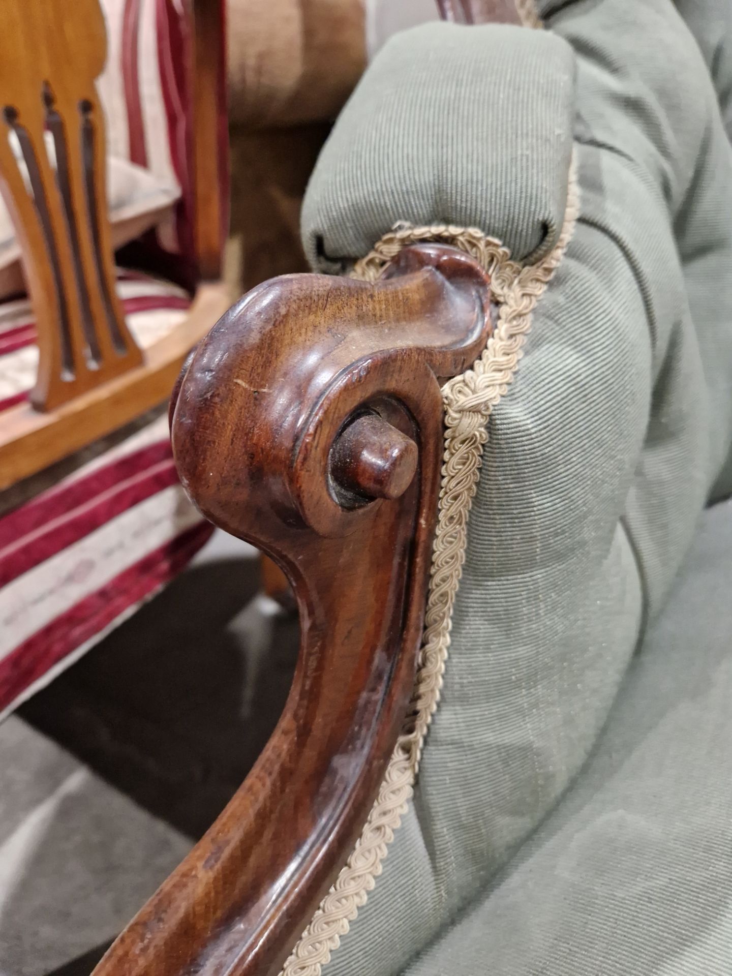 Victorian mahogany-framed parlour sofa, with scroll button back and foliate carved frame, - Image 14 of 29