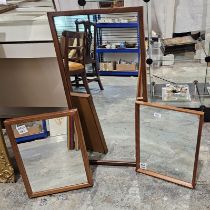 Three mid-century wooden-framed mirrors including a toilet mirror, largest 42cm wide x 85cm high (3)