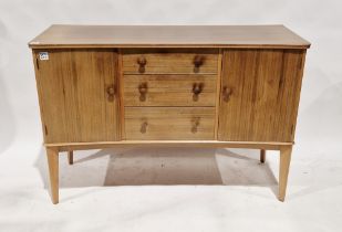 Mid-century teak sideboard by Vesper Furniture, having two single door cupboards and three short