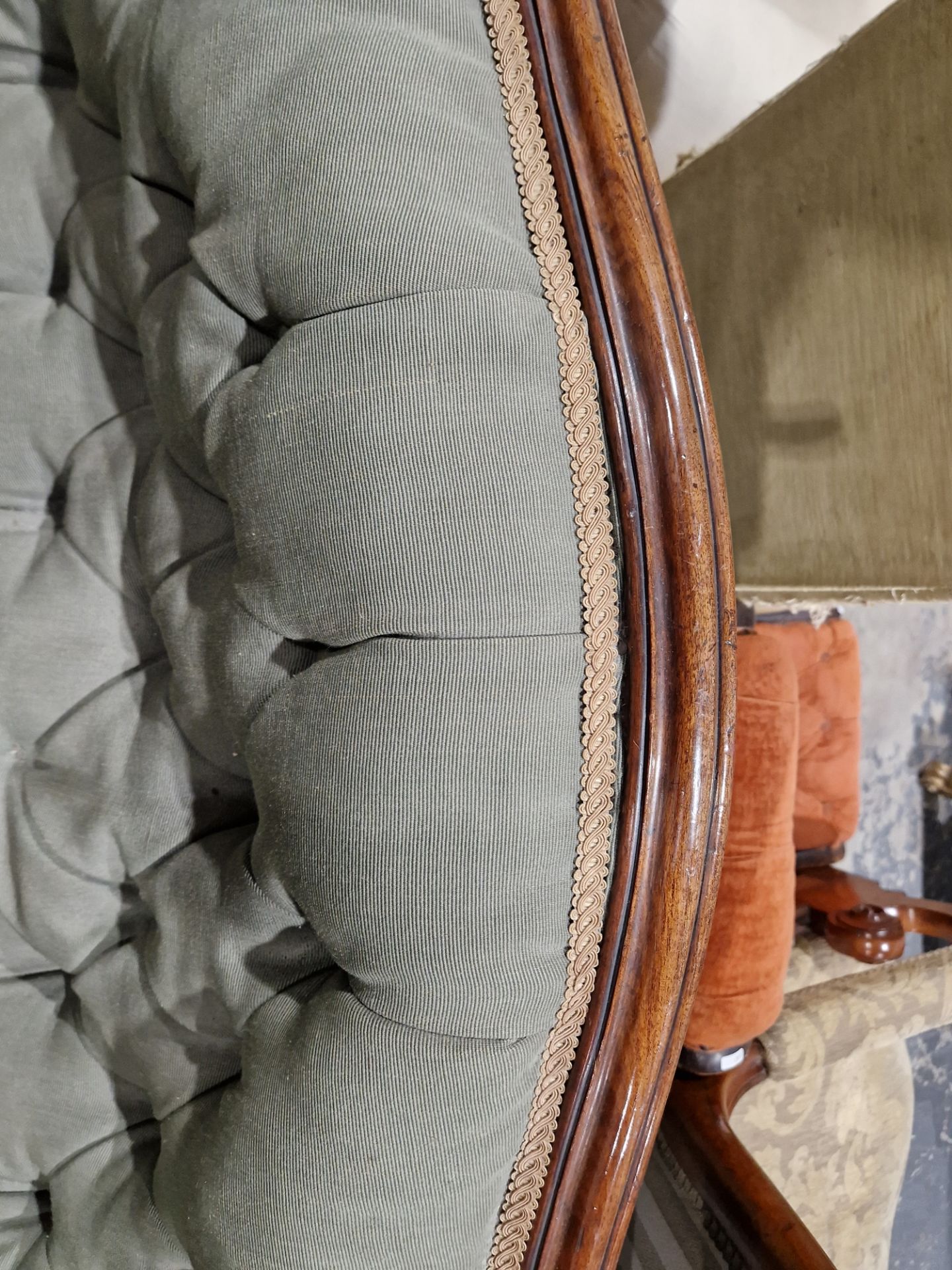 Victorian mahogany-framed parlour sofa, with scroll button back and foliate carved frame, - Image 3 of 29