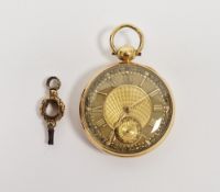 19th century 18ct gold-cased open-faced pocket watch, the gilt and engine-turned dial with raised