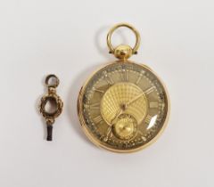 19th century 18ct gold-cased open-faced pocket watch, the gilt and engine-turned dial with raised