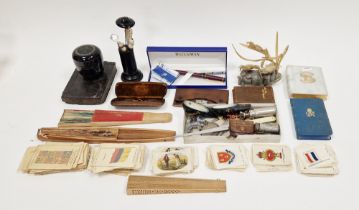 Boxed Waterman fountain pen, a Russian painted lacquered brooch, various commemorative coins, a