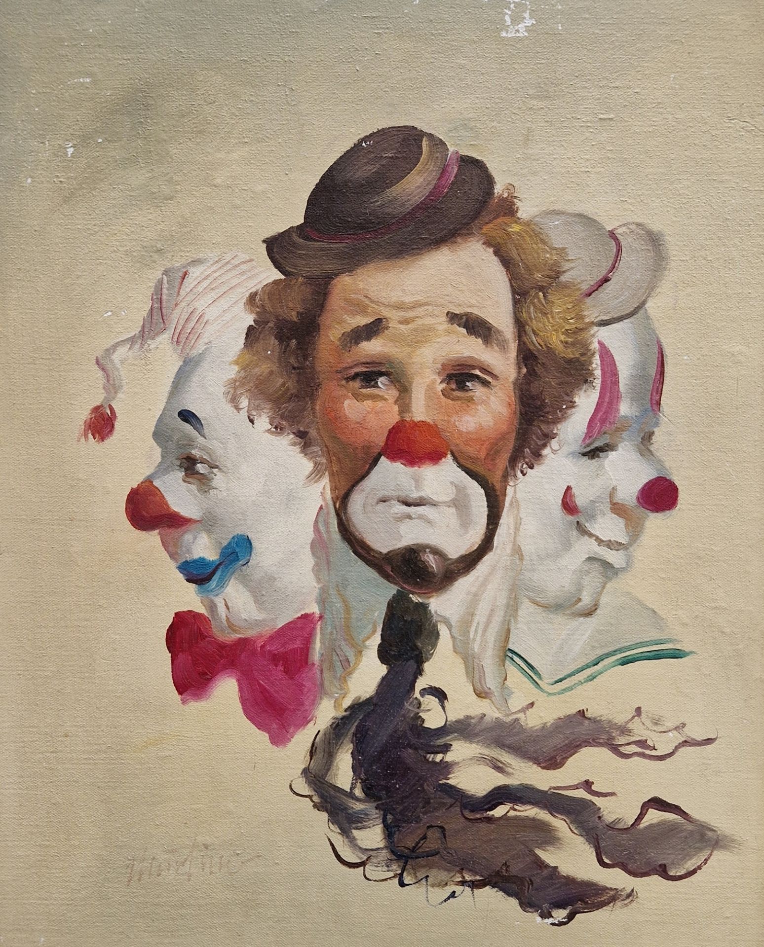 20th century continental school Oil on board Study of three clown faces, indistinctly signed lower