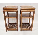 Pair of Chinese Longyanmu (tiger-skin wood) side tables, each of square form with stylised carved