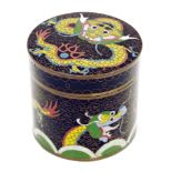 Chinese cloisonne enamel cylindrical jar and cover, late 19th/early 20th century, decorated with a
