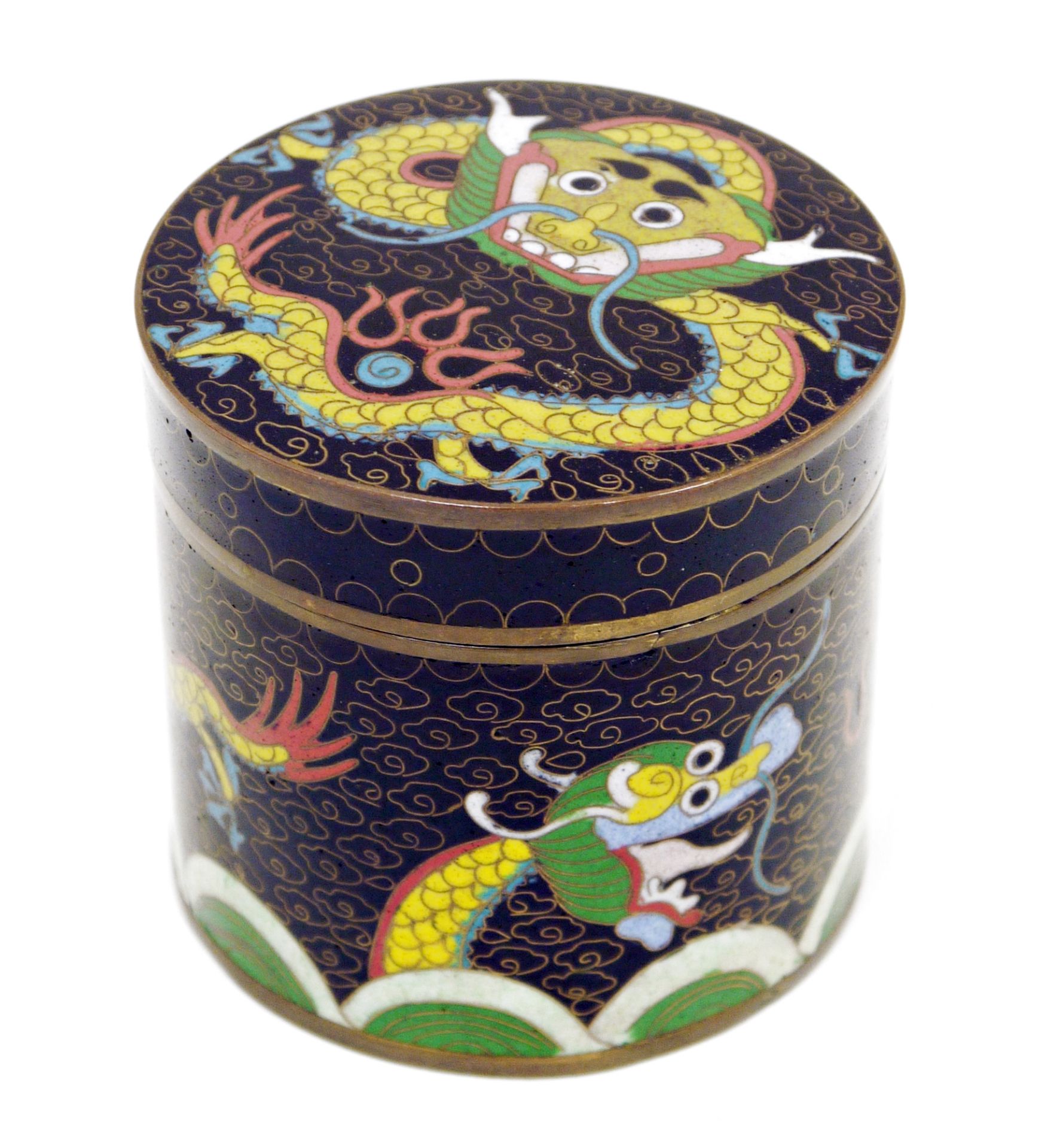 Chinese cloisonne enamel cylindrical jar and cover, late 19th/early 20th century, decorated with a