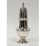 George V silver sugar caster of Georgian style having high-domed lid with trelliswork and acanthus