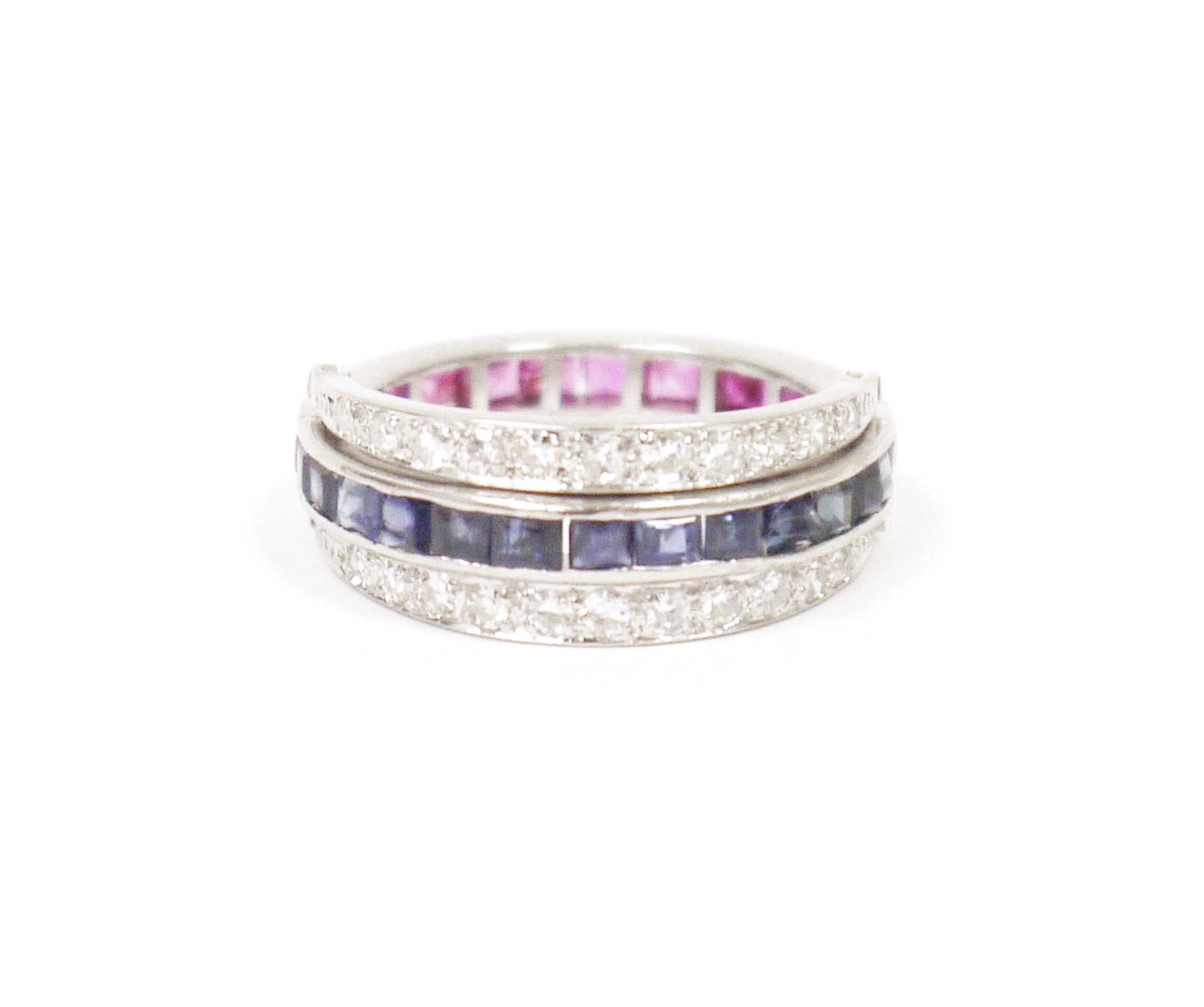 White metal, diamond, ruby and sapphire ring, each half hoop of sapphire or diamond flanked by two