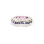 White metal, diamond, ruby and sapphire ring, each half hoop of sapphire or diamond flanked by two