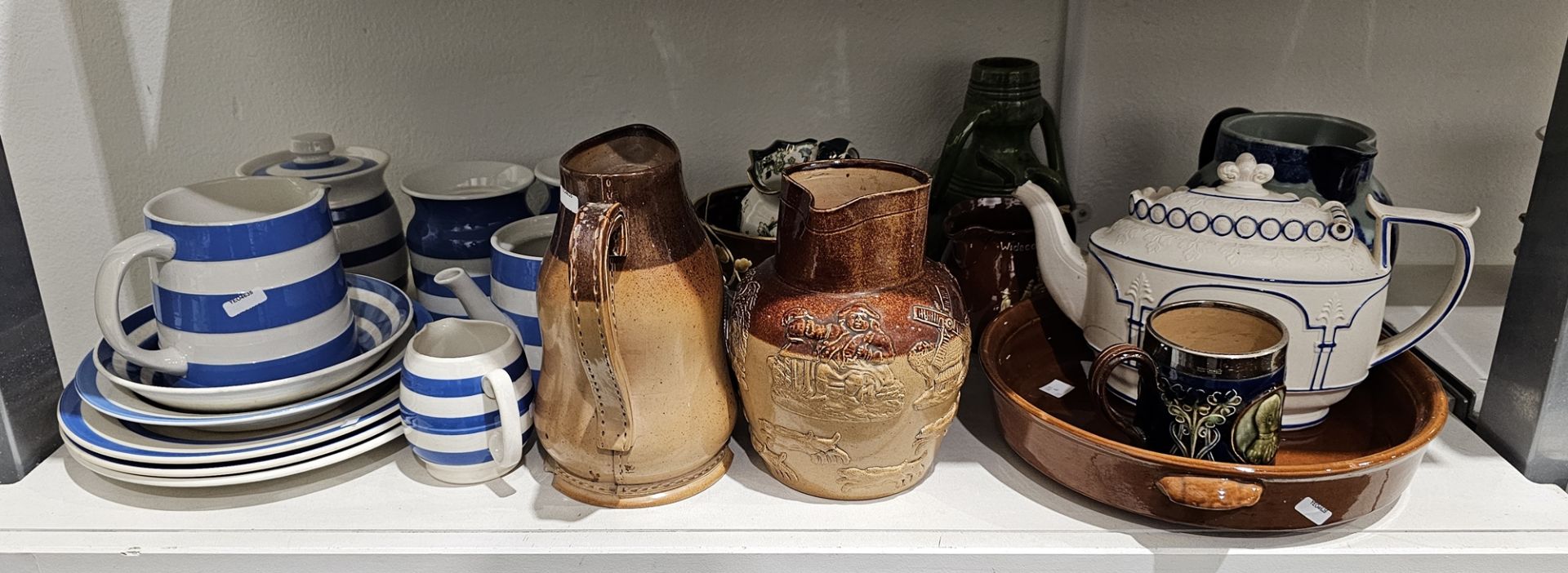 Doulton Lambeth salt glazed stoneware Jack jug, incised CR flanking a crown above 1646, impressed