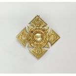 Victorian 15ct gold brooch of circular flowerhead and square cutaway form, floral engraved with