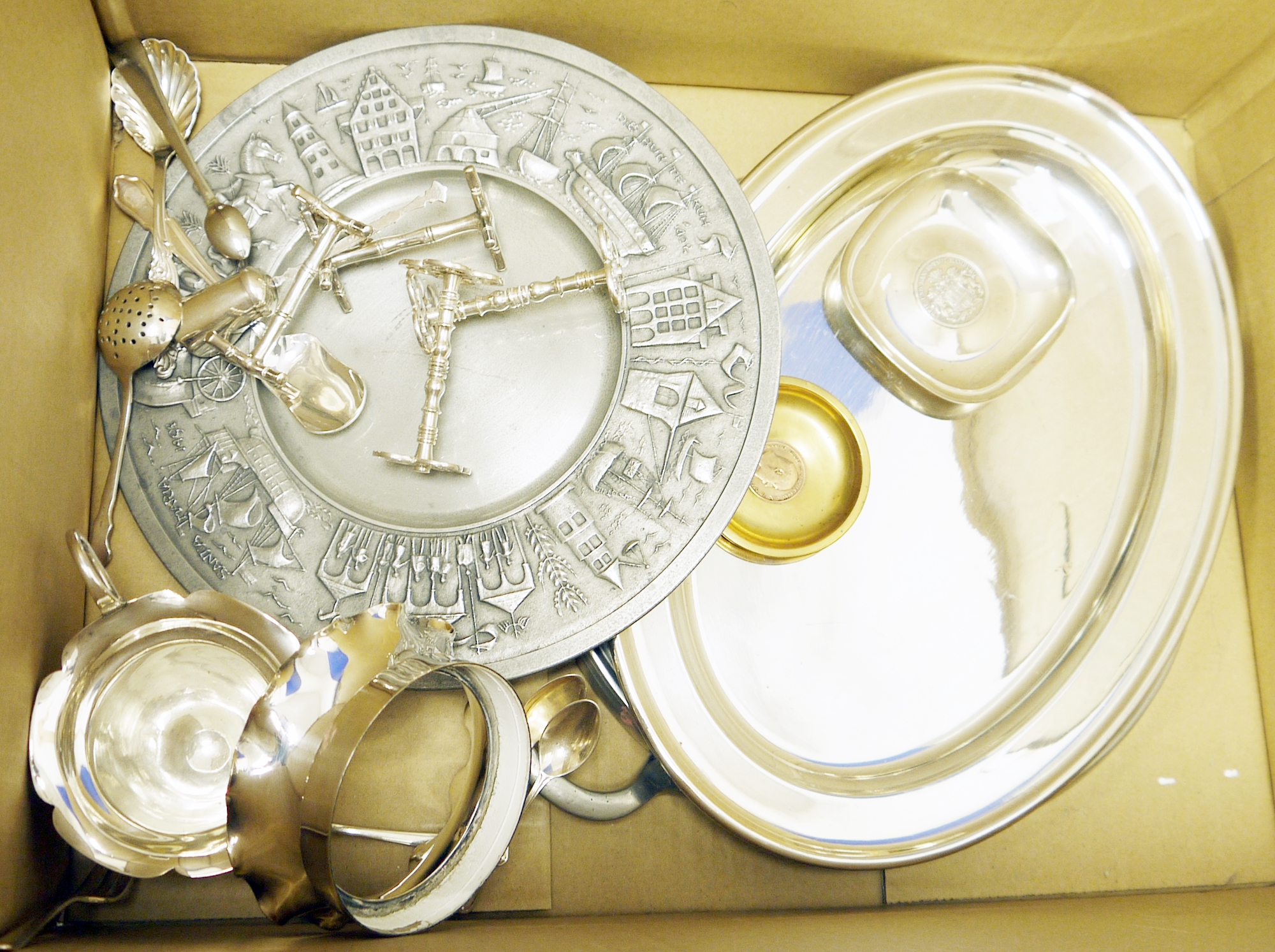 Silver plate mounted coopered oak ice bucket and a selection of other silver plated wares to include