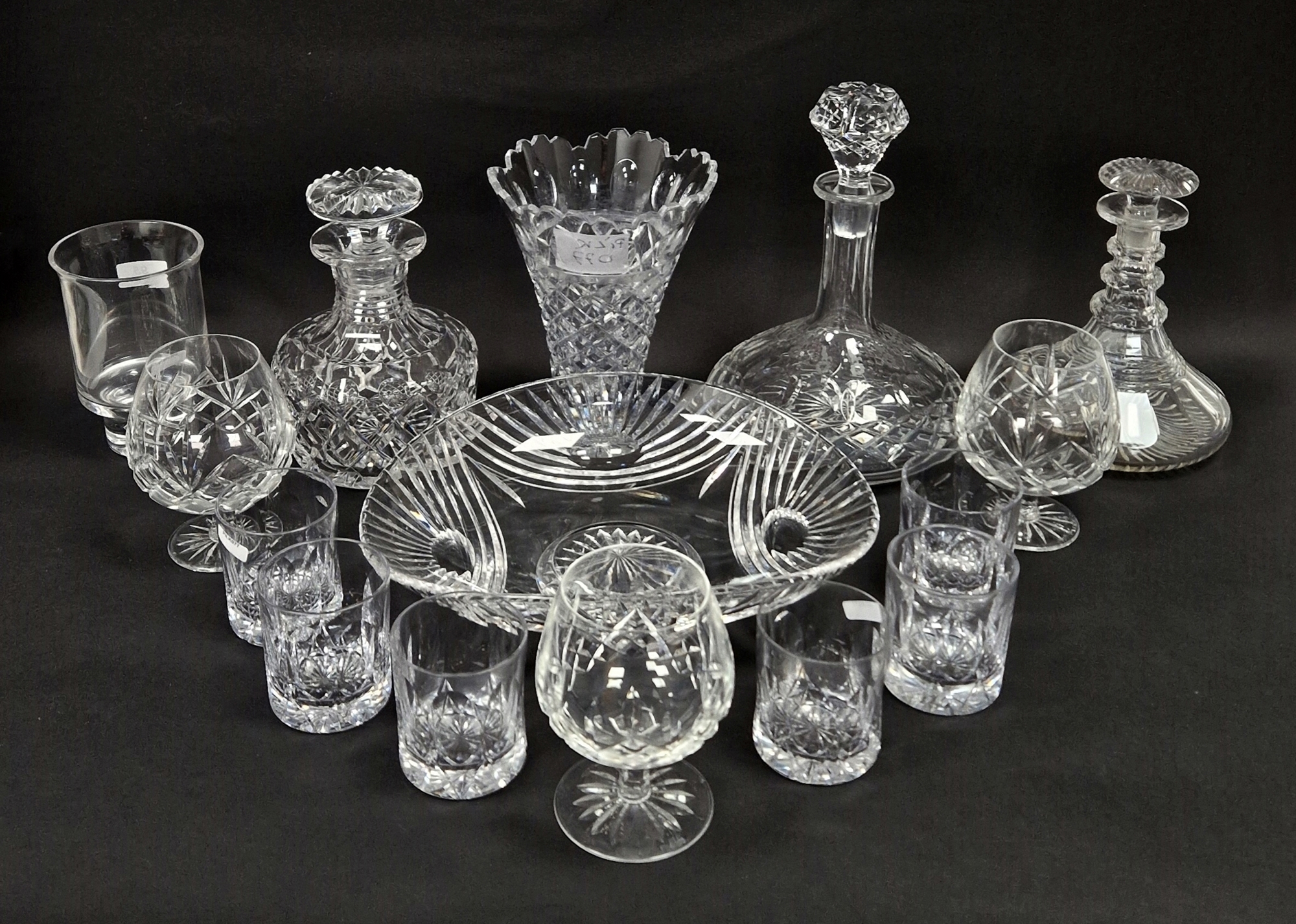 Collection of cut glass, some marked to include a Stuart decanter of mallet form, a Stuart fruit