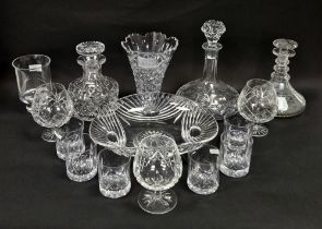 Collection of cut glass, some marked to include a Stuart decanter of mallet form, a Stuart fruit