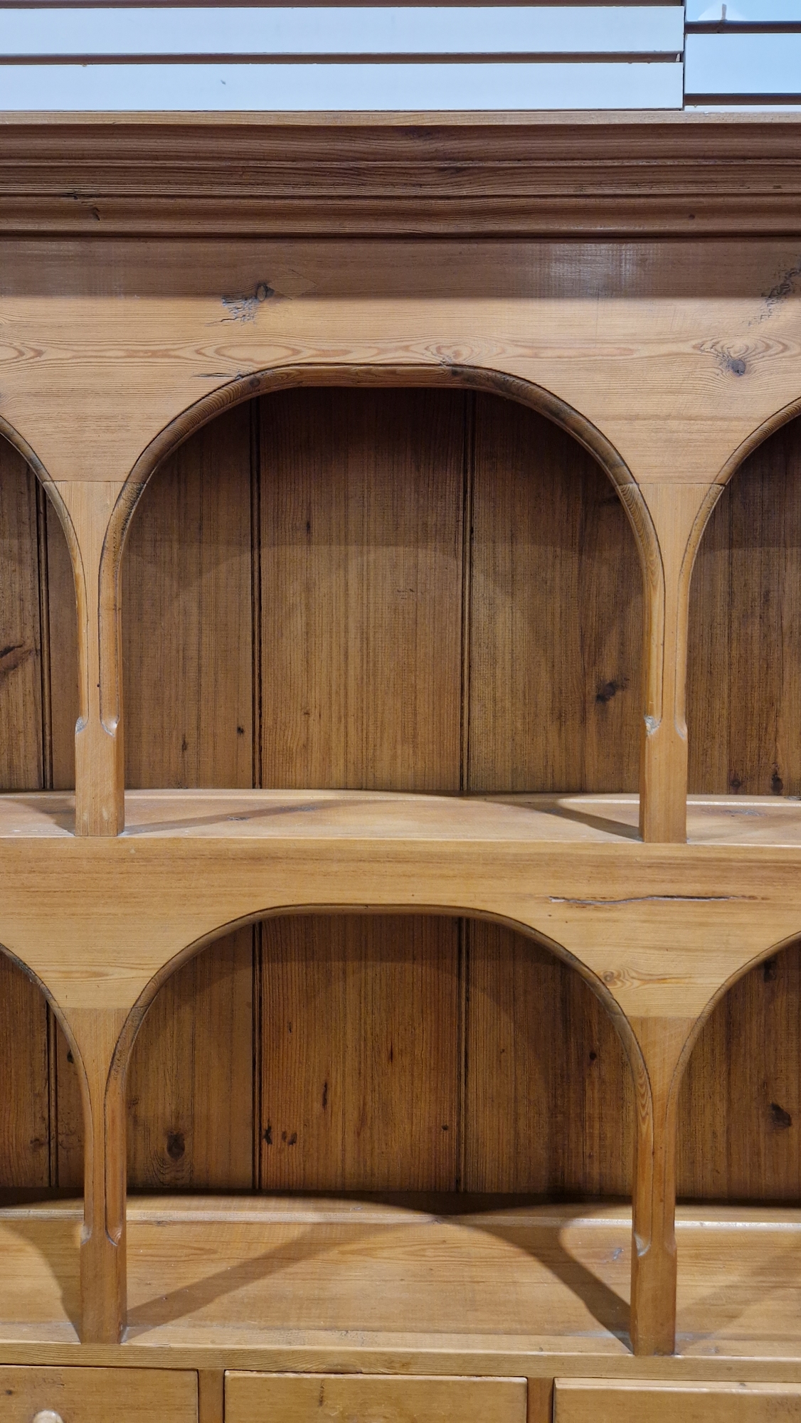 19th century pine kitchen dresser, the top section with two plateracks and five short drawers, the - Image 3 of 17