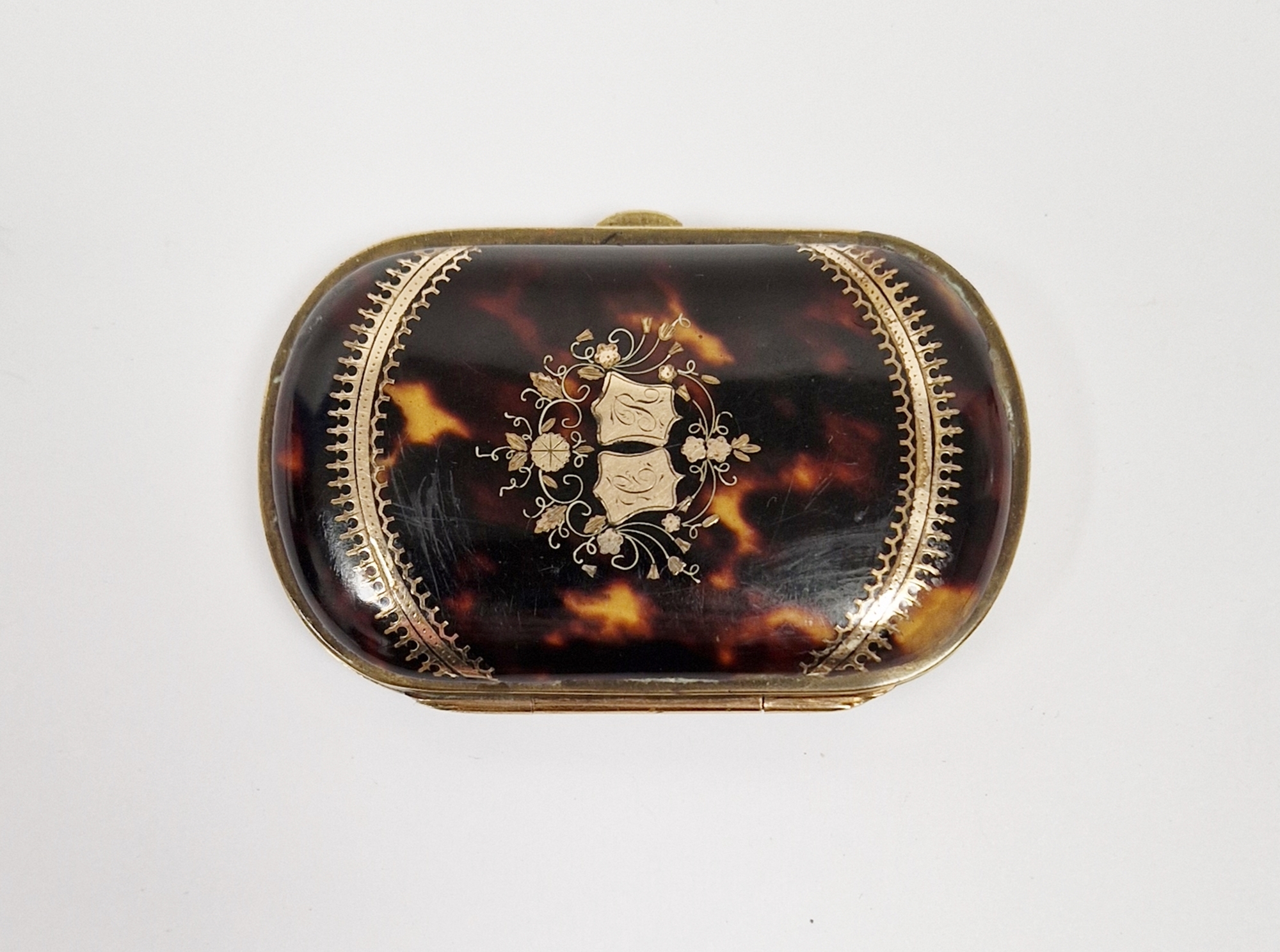 Victorian yellow metal and tortoiseshell pique ware purse, approximately 8cm long - Image 2 of 3