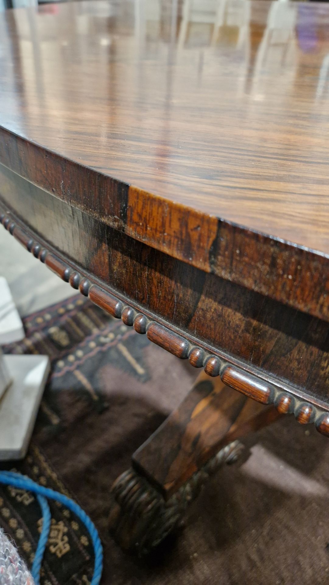 Large early Victorian rosewood tilt-top dining table of circular form, with carved floral central - Image 17 of 30