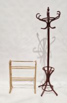 20th century stained wood coat stand, 180cm high and a pine barley twist towel rail (2)