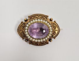 Victorian gold-coloured metal, pink stone and pearl brooch, the oval pink cut stone with pearl