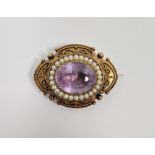 Victorian gold-coloured metal, pink stone and pearl brooch, the oval pink cut stone with pearl