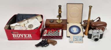 Vintage Beirette camera with Meyer Optik lens, a 20th century cased brass microscope, a cased