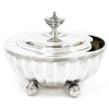 Mappin & Webb silver plated spoon warmer, oval fluted body, urn finial, on four ball feet