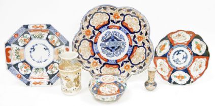 Group of 19th century Japanese imari wares including dishes, scalloped plates, circular bowl and