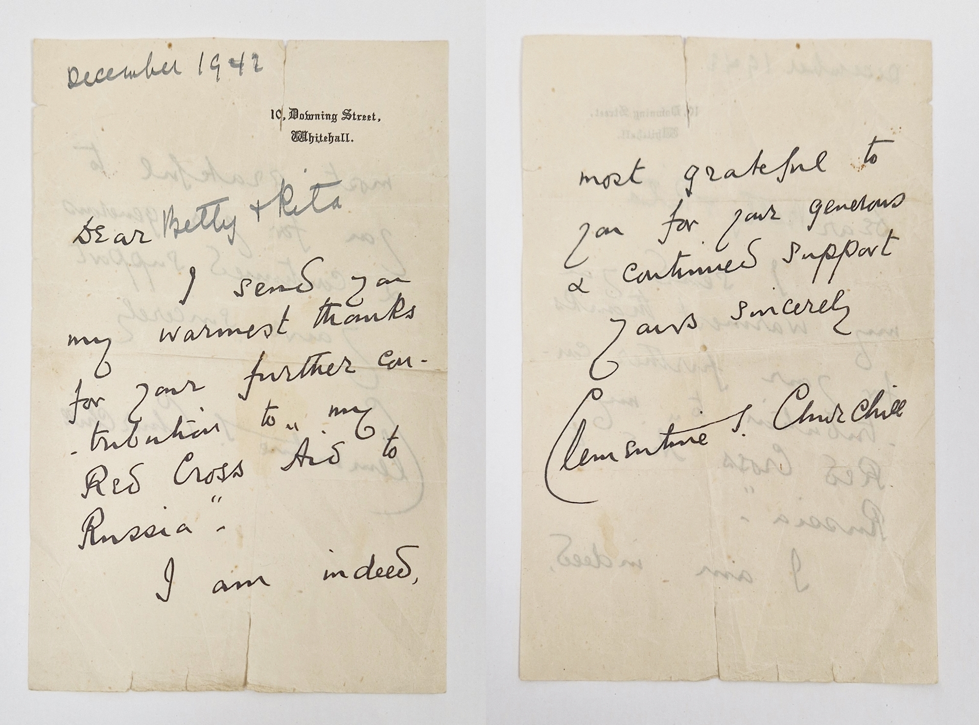 Letter from Clementine Churchill (1885-1977) dated December 1942, on 10 Downing Street, Whitehall