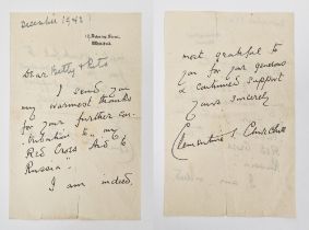Letter from Clementine Churchill (1885-1977) dated December 1942, on 10 Downing Street, Whitehall