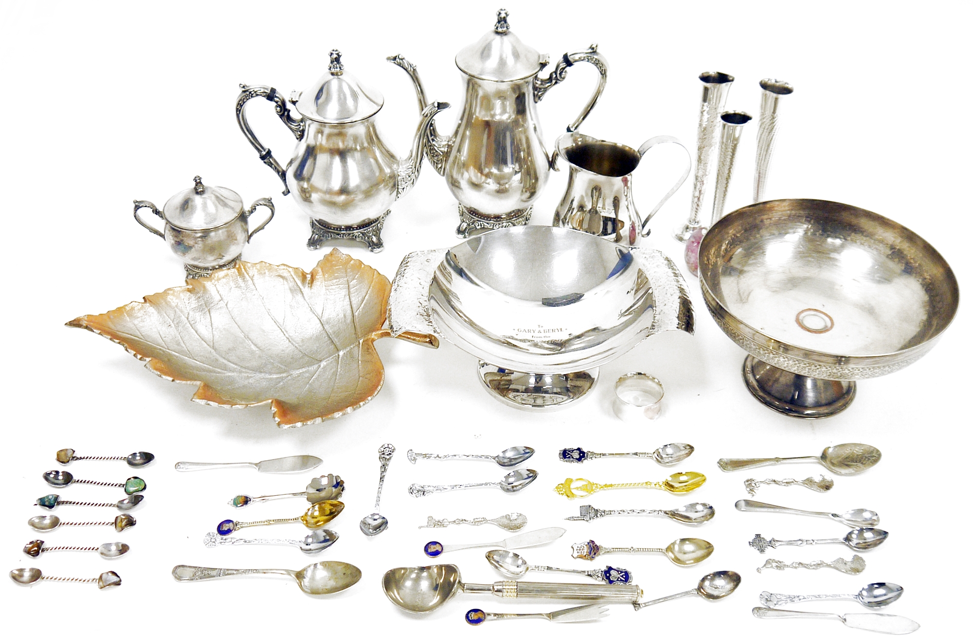 Collection of plated ware, including tea set, various souvenir spoons, vases, dishes, tray, bowls,